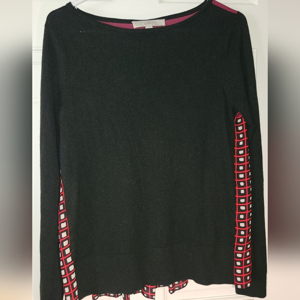 LOFT Black Sweater with Red and White Geometric Side Insets